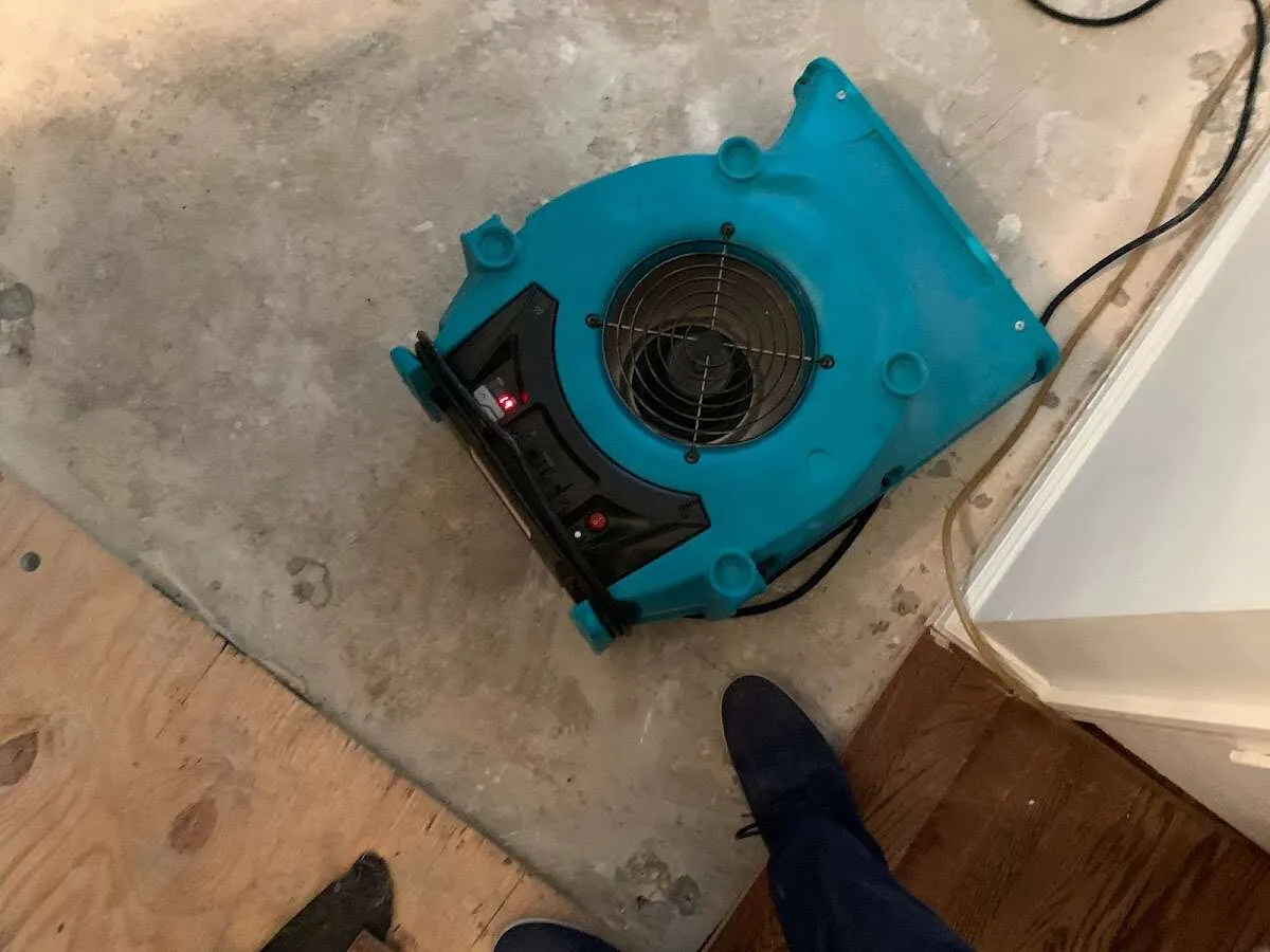 Air mover drying subfloor during Leak Detection & Repair in Shorewood
